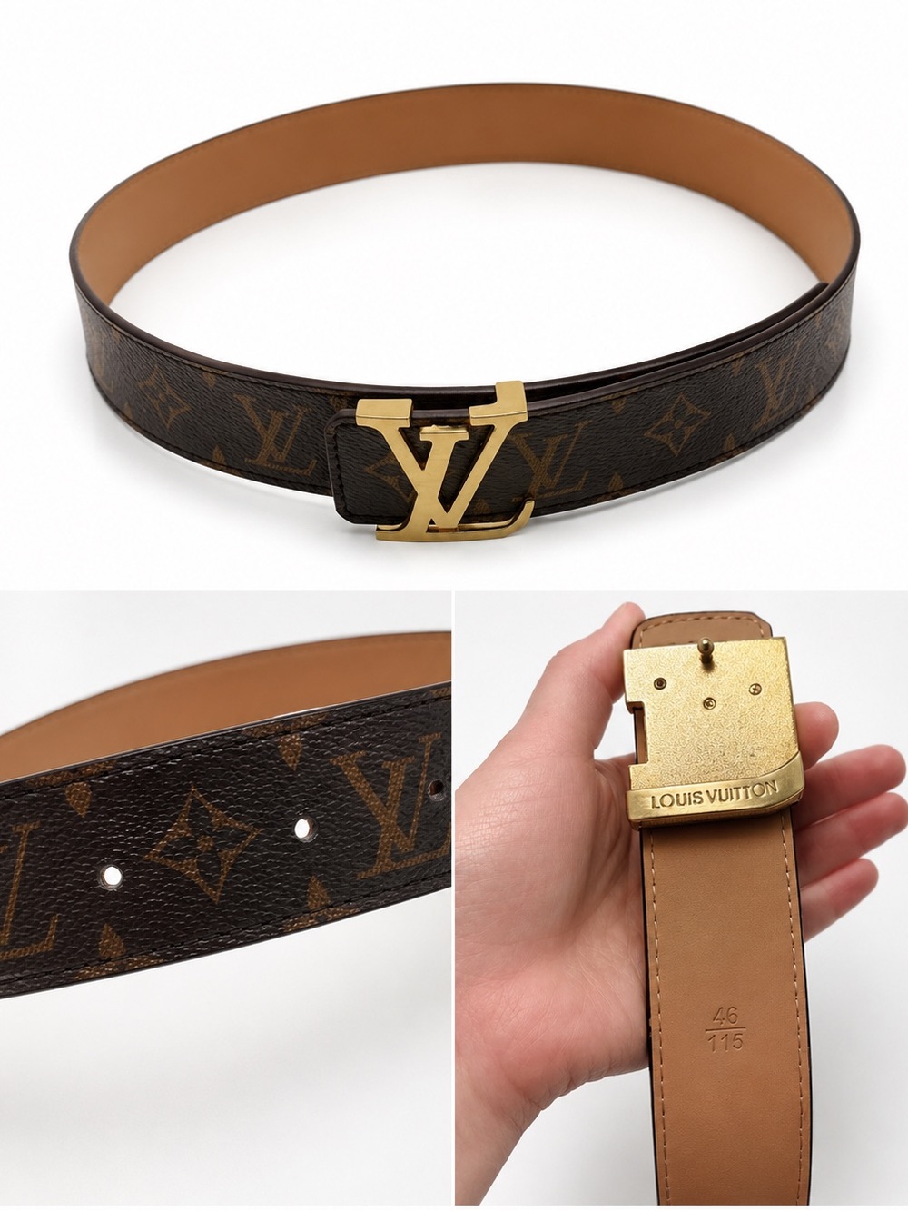 Louis Vuitton Brown Monogram Belt with Gold LV Buckle